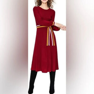 Boden Red Long Sleeve Dress with Striped Belt